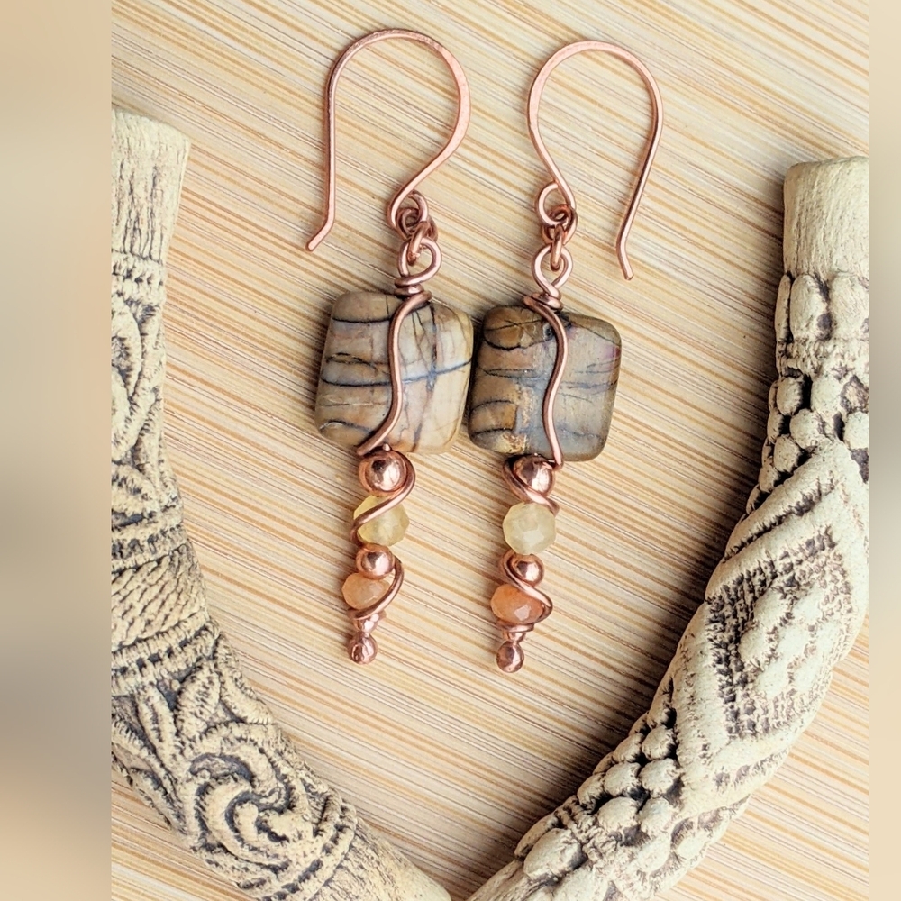 Desert Vibes Jasper Earrings Artisan Copper Wire Wrapped Design - Picture 7 of 12